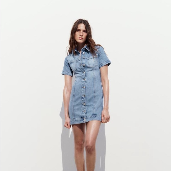 Zara Dress mini denim jeans button up collar casual short sleeve - Picture 2 of 8